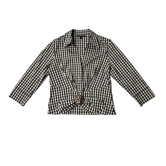 Lafayette 148 Brown Gingham Plaid Cropped Tie Front Shirt Top Size: 8 - Picture 13 of 14